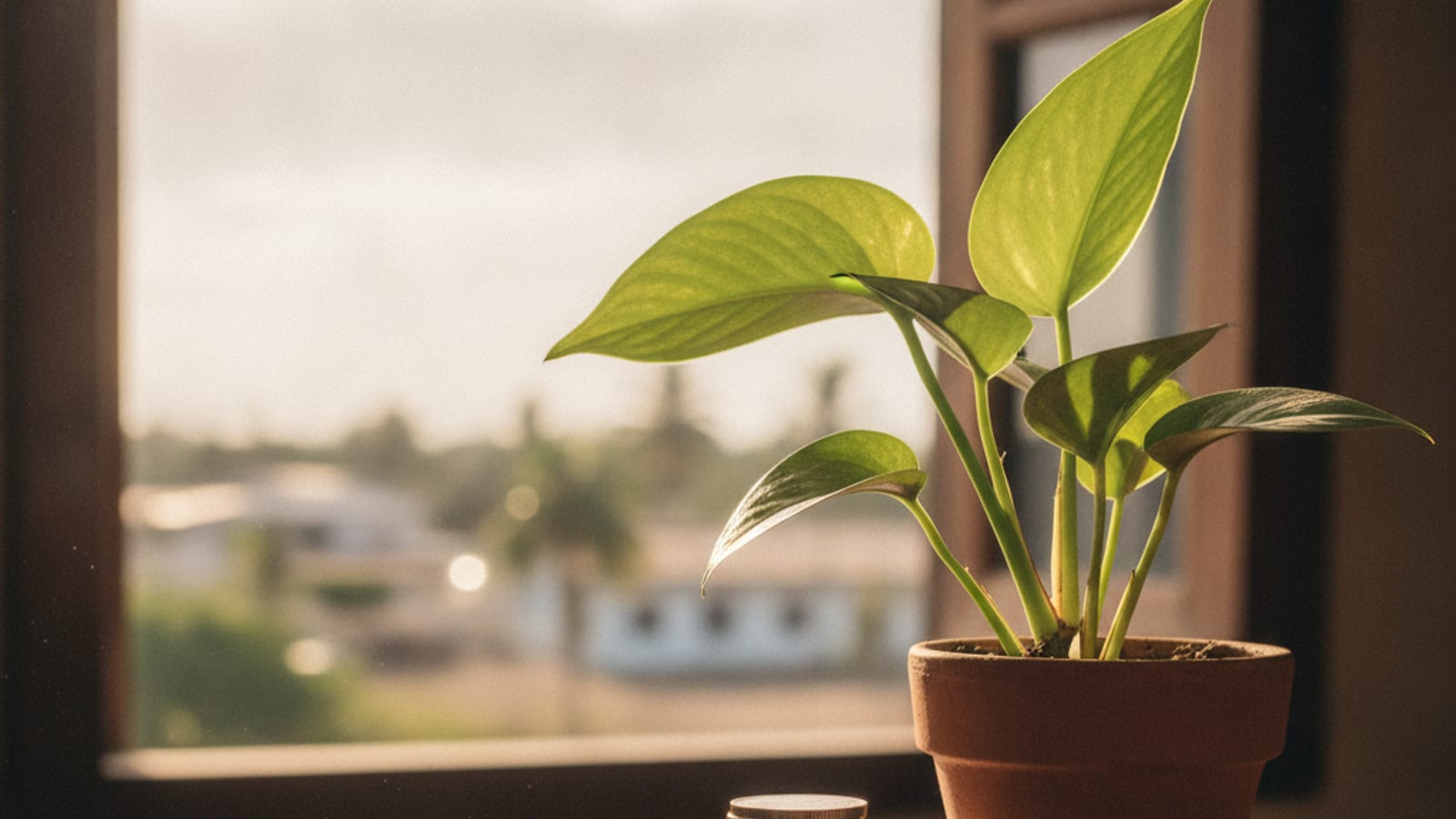 A rising stack of coins and a plant on a desk