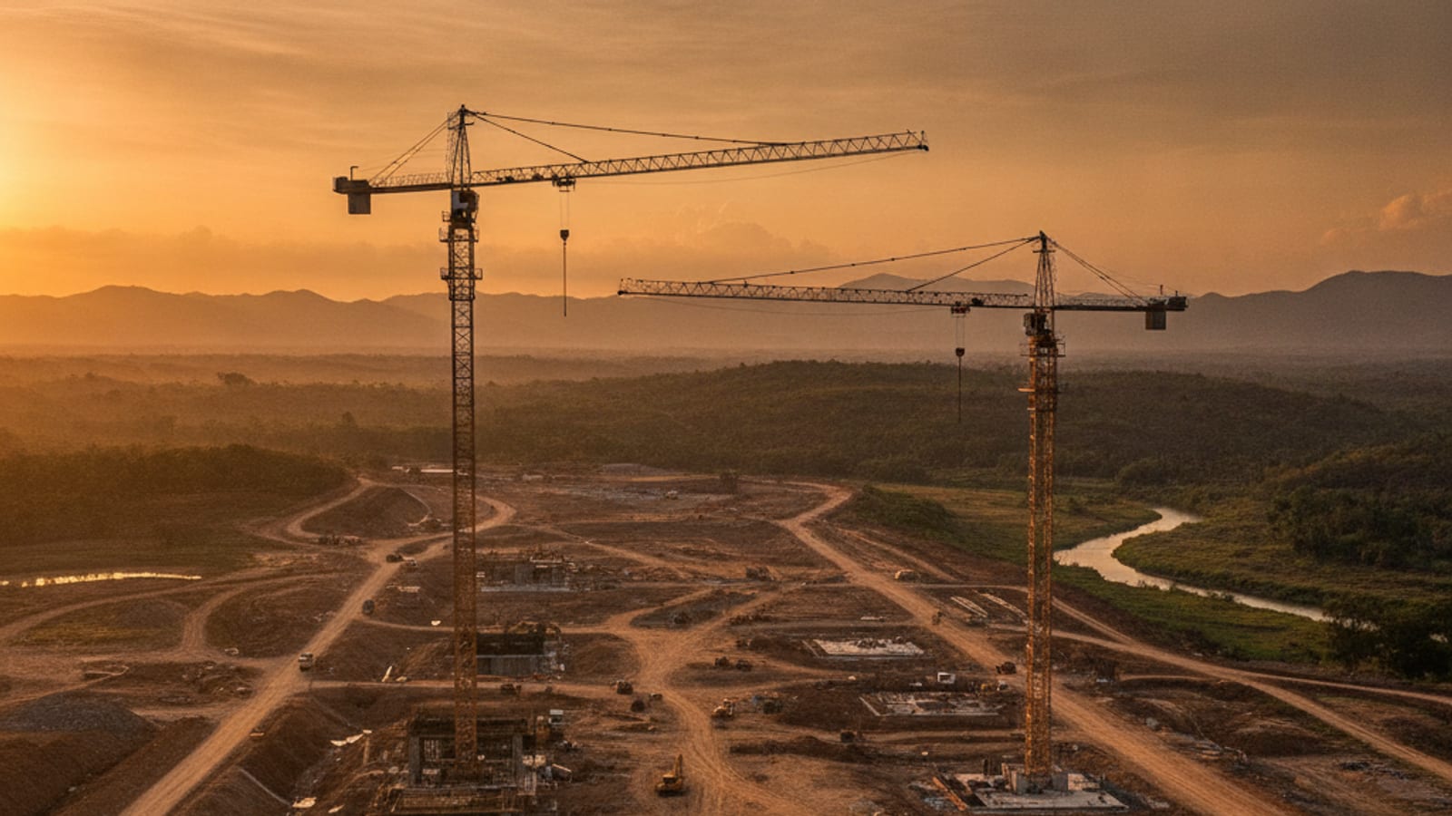 A large infrastructure construction site with cranes at golden hour
