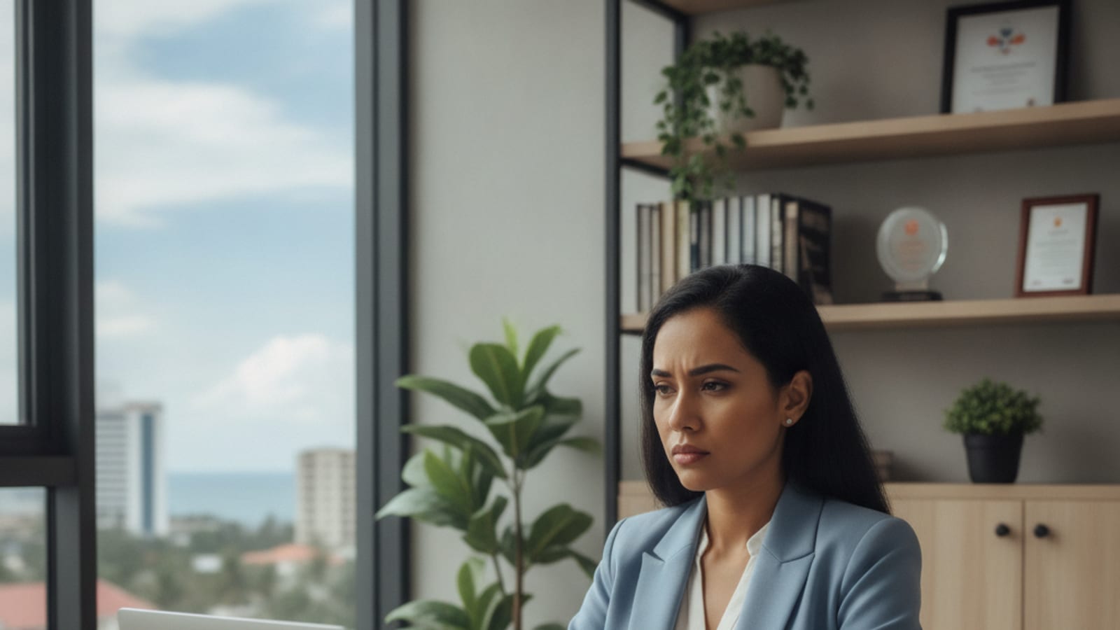 Feto negosiante Timor-Leste ida haree ba nia laptop, halo analiza ba relatóriu finanseiru mensál iha nia eskritóriu modernu iha Dili.