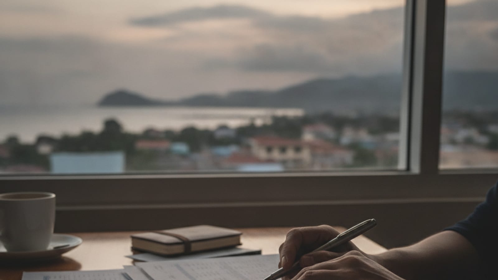 Hands reviewing payroll documents on a desk with a Dili view.
