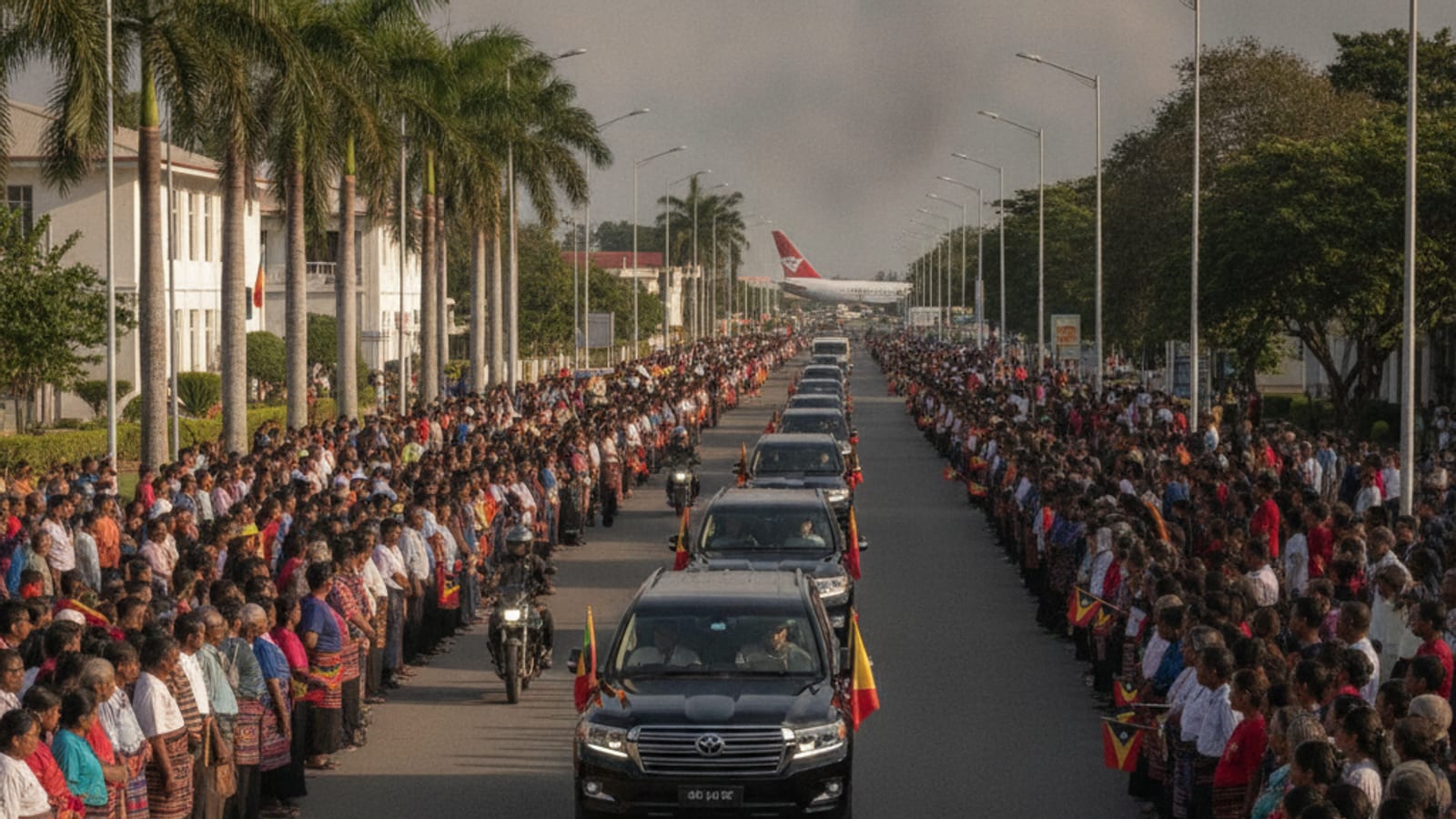 A street in Dili with a respectful crowd gathered for a solemn national procession.