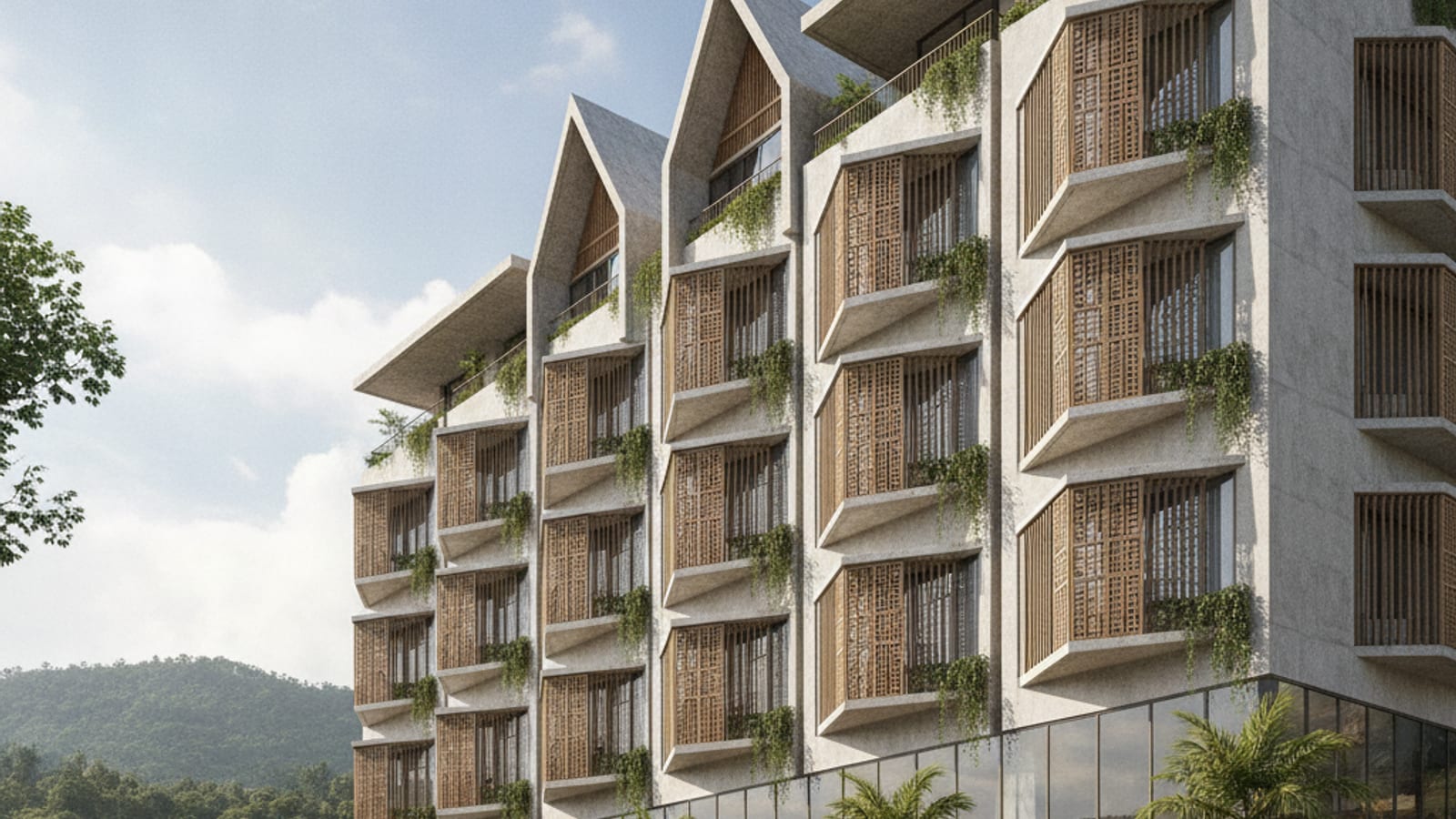 A modern hotel building in Dili, Timor-Leste, with a blend of contemporary design and local architectural influences, under natural light.