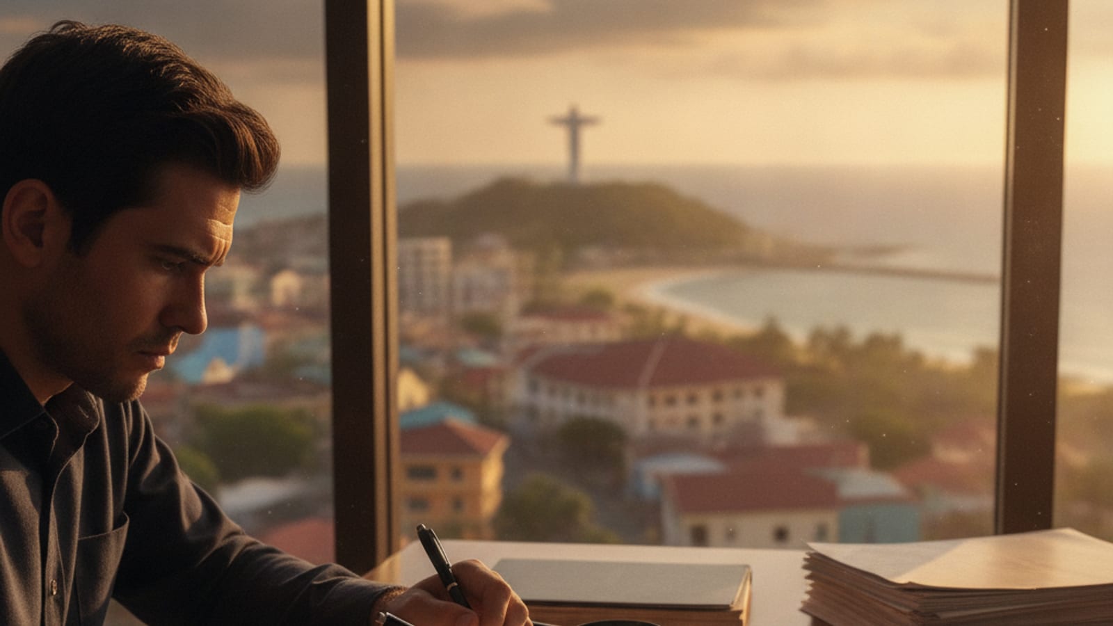 A person reviewing financial documents and ledgers at a desk in an office overlooking the Dili coastline, symbolizing financial compliance.