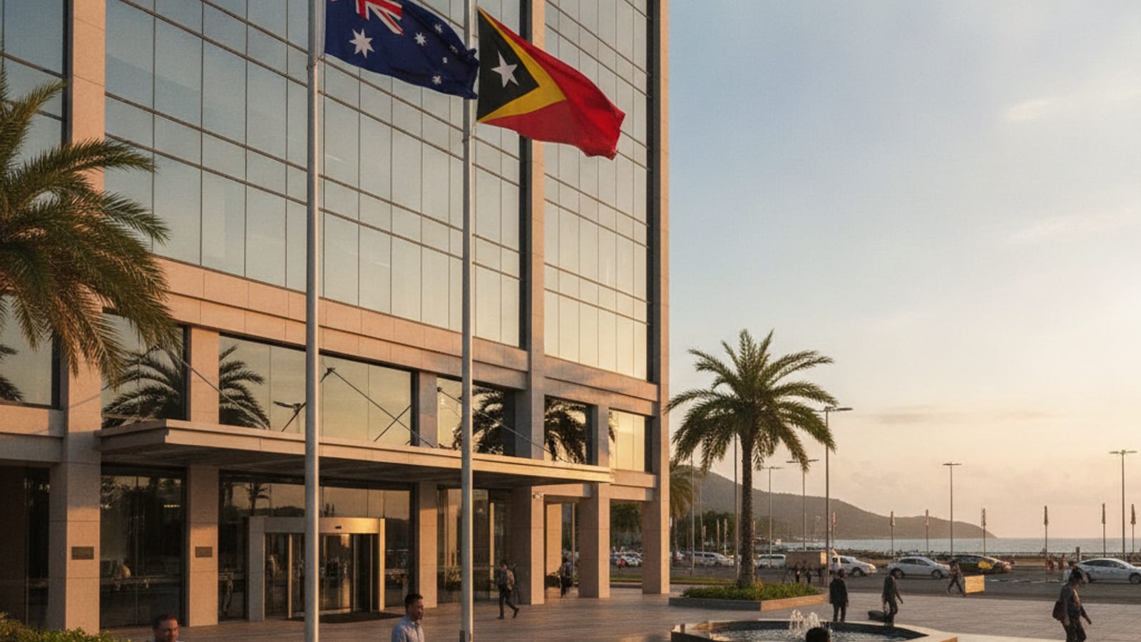 Australian and Timorese flags flying together outside a modern building in Dili, symbolising strong bilateral ties.