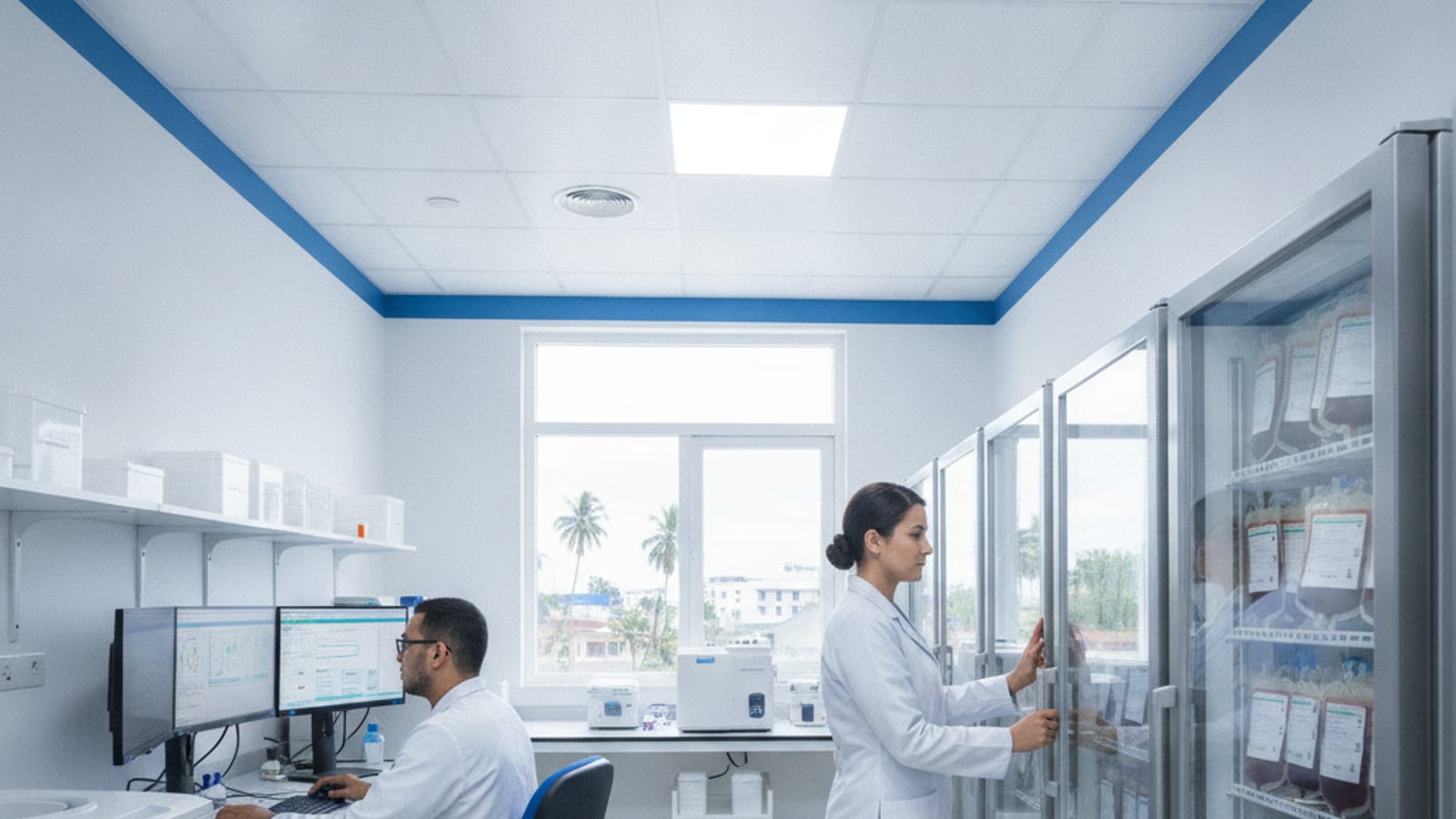 Medical staff in a modern blood bank facility at HNGV in Dili, Timor-Leste, operating new blood storage and monitoring equipment.
