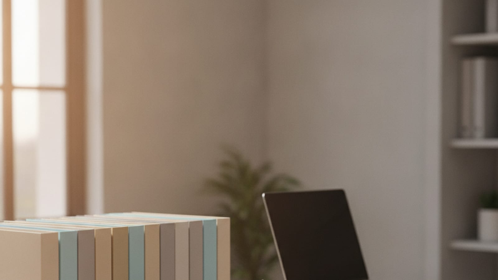 A tidy desk with organised folders and a laptop