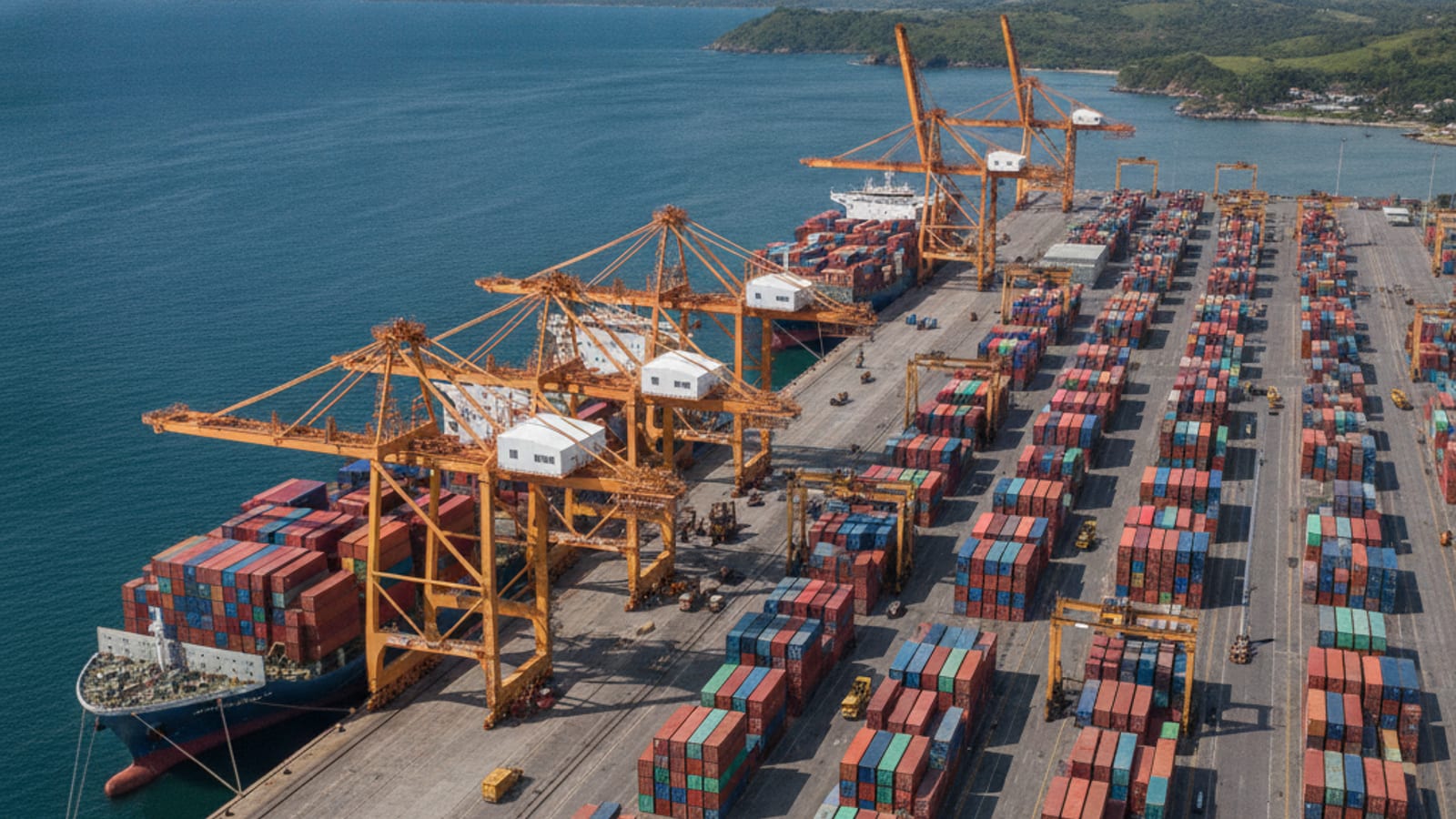Container ships and cranes at the busy Dili port, highlighting logistics and trade activity in Timor-Leste.