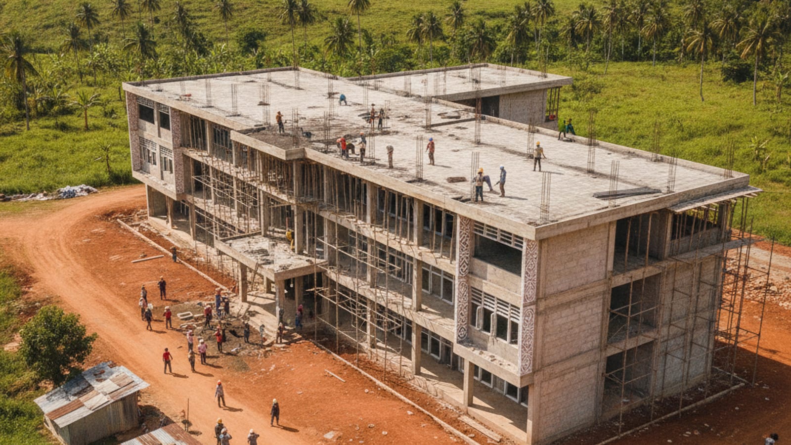 Construction of a new multi-story school building in a rural area of Timor-Leste, with workers on site.
