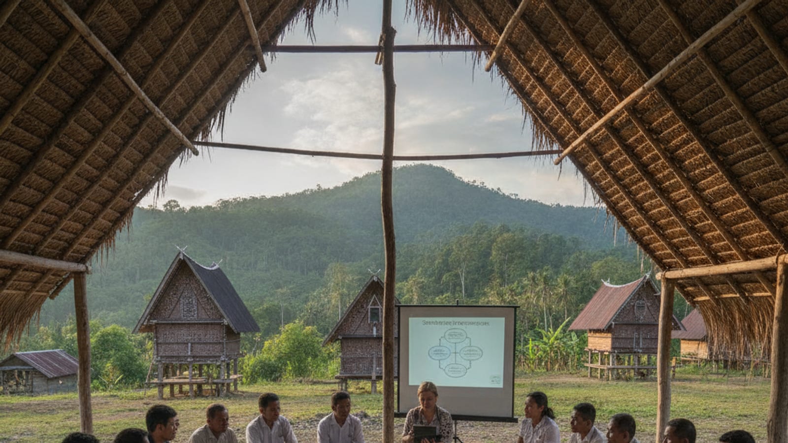 Journalists conducting a media literacy workshop for students and community members in a rural Oecusse village.