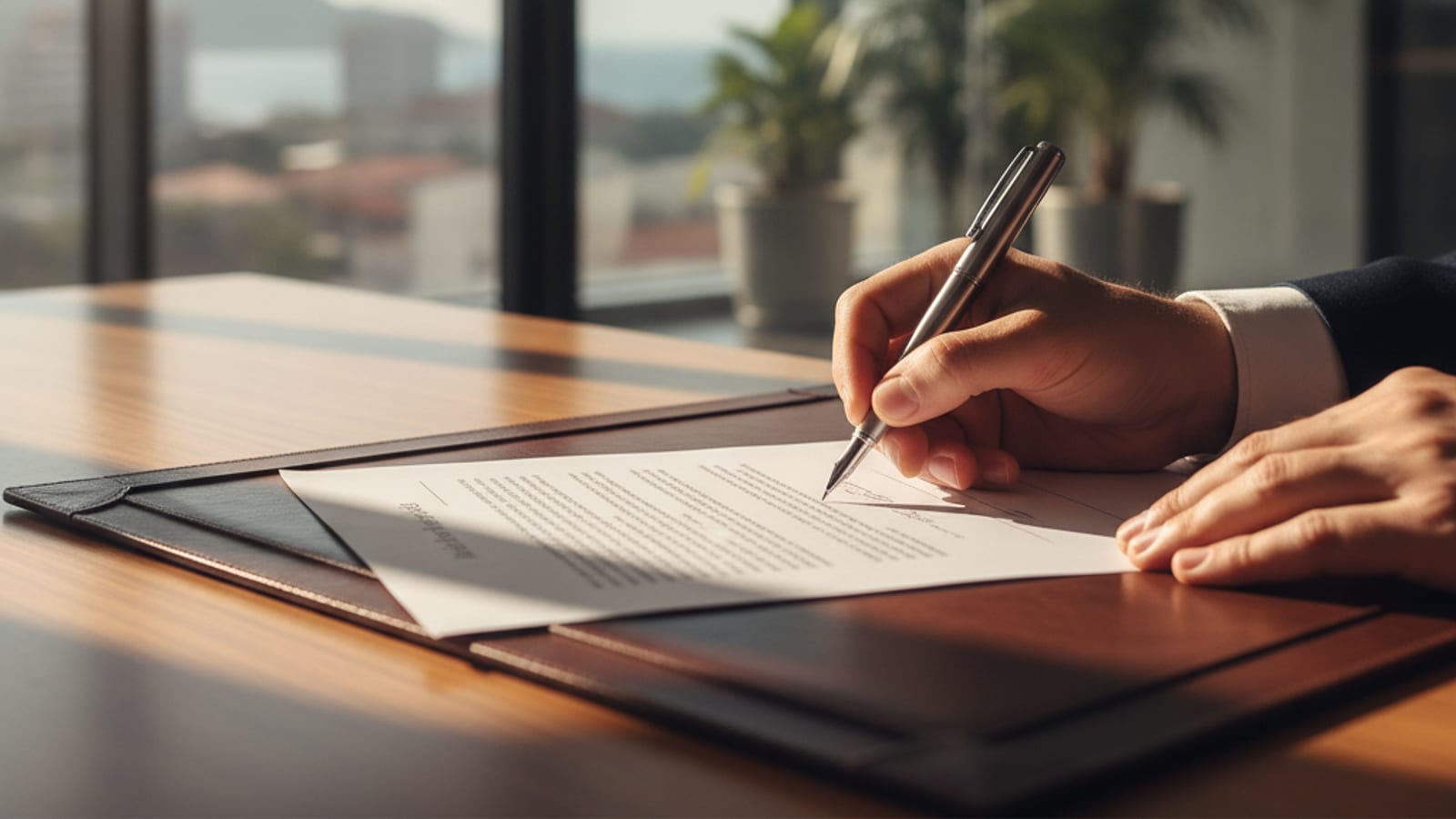 A person's hand signing a document on a desk, representing new hire paperwork in Timor-Leste.