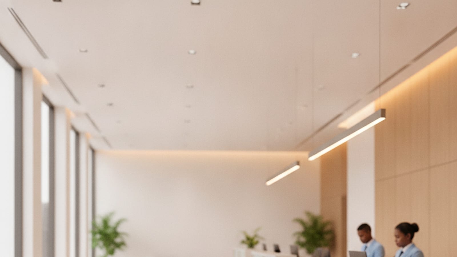 A clean modern bank counter interior in warm light