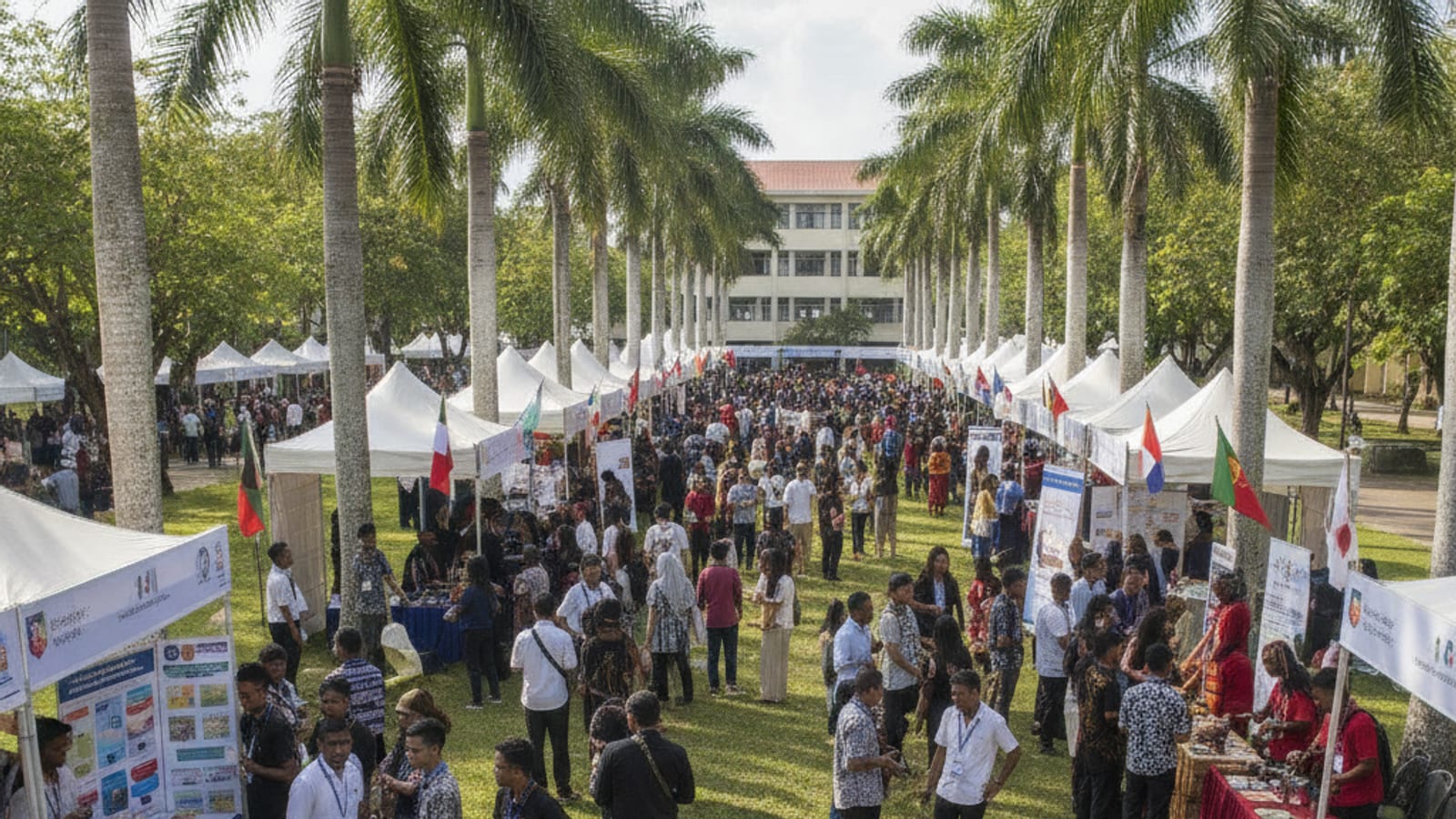 Students and international partners at a fair on a university campus in Dili, Timor-Leste.