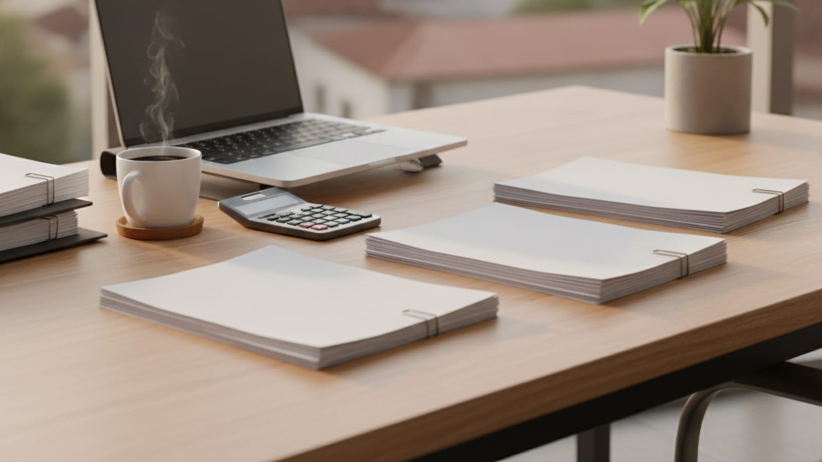 A tidy HR desk with payroll paperwork, a calculator and a laptop