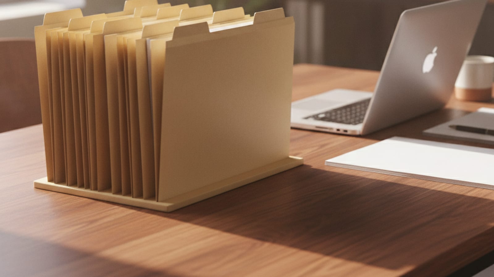 Neatly organised folders and a laptop on a desk