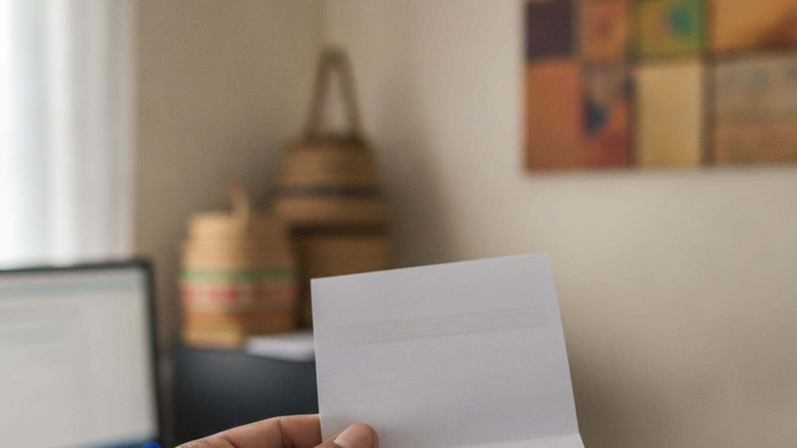 A hand holding a payslip in a Dili office setting.