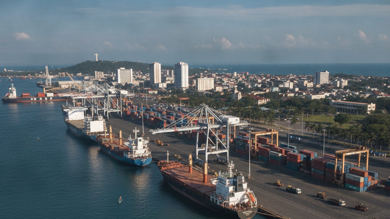 Imajen portu Dili ne'ebé movimentadu ho ró kargu, hatudu atividade komérsiu internasionál no ekonomia, ho edifísiu sira iha fundu.