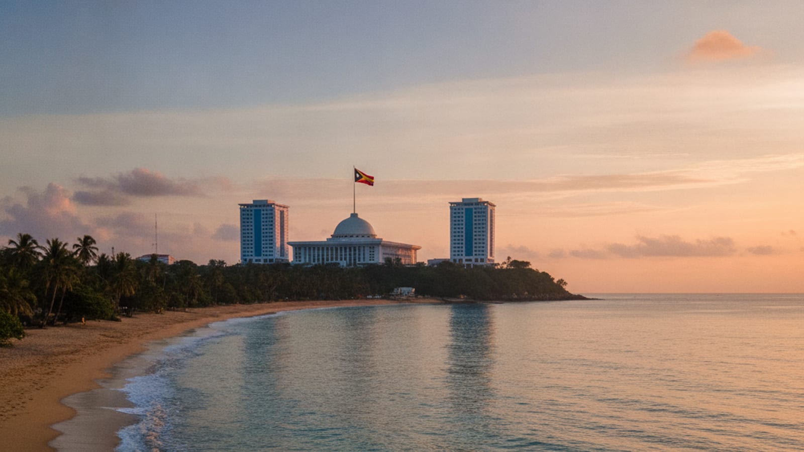 Sunrise over the Dili coastline, with government buildings in the background.