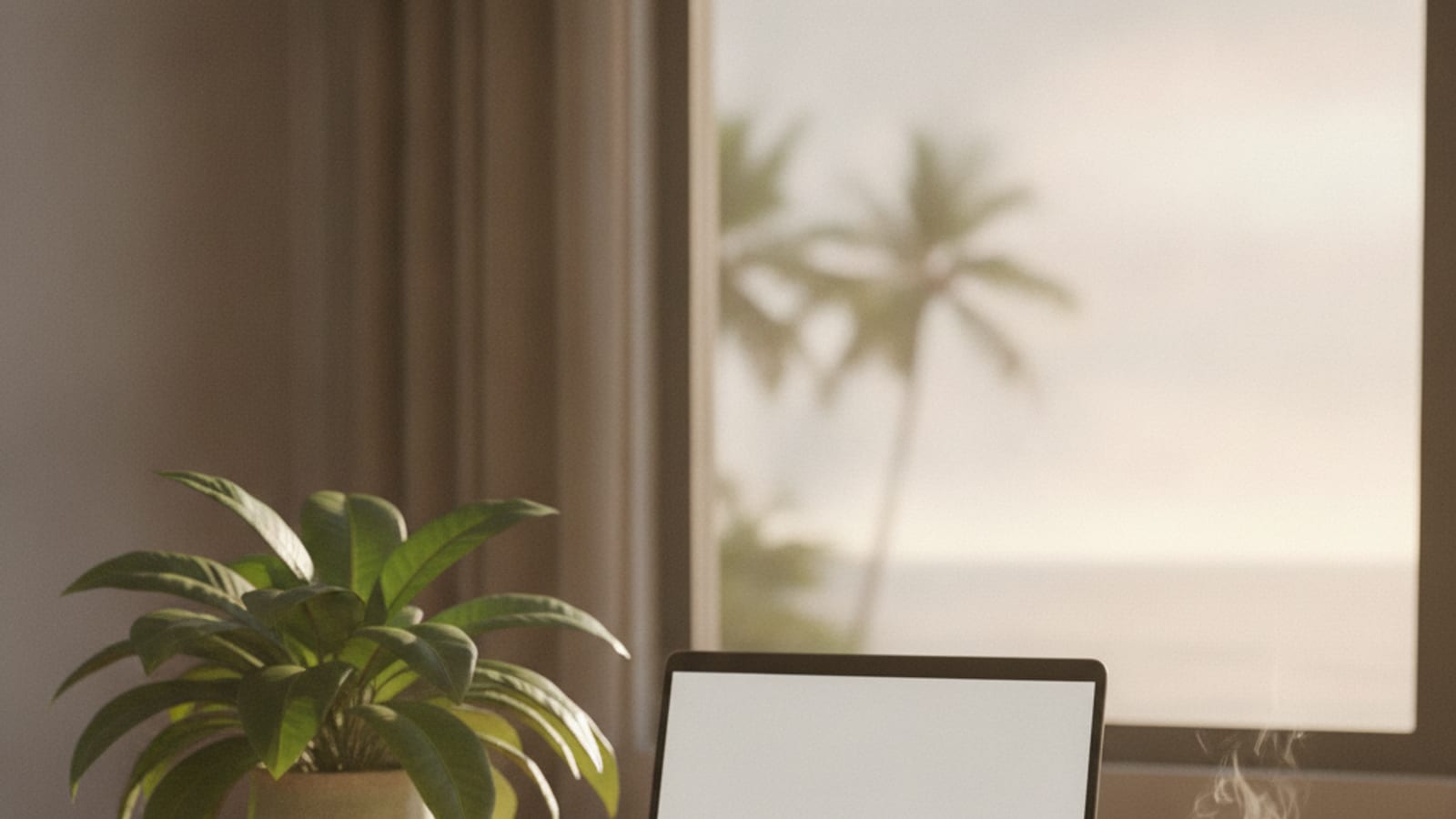 A tidy desk with a laptop, a plant and a coffee