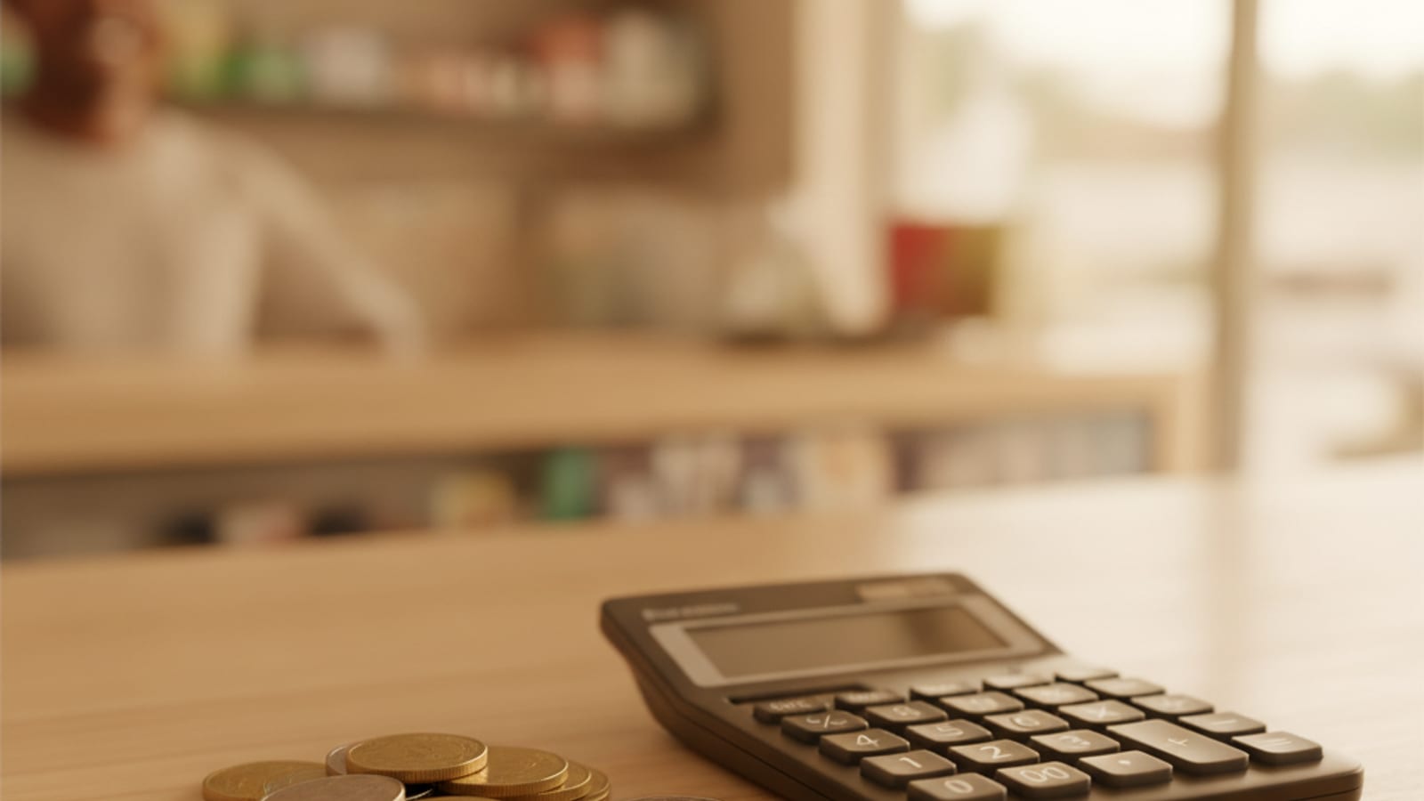 Coins and a calculator on a retail counter in soft light