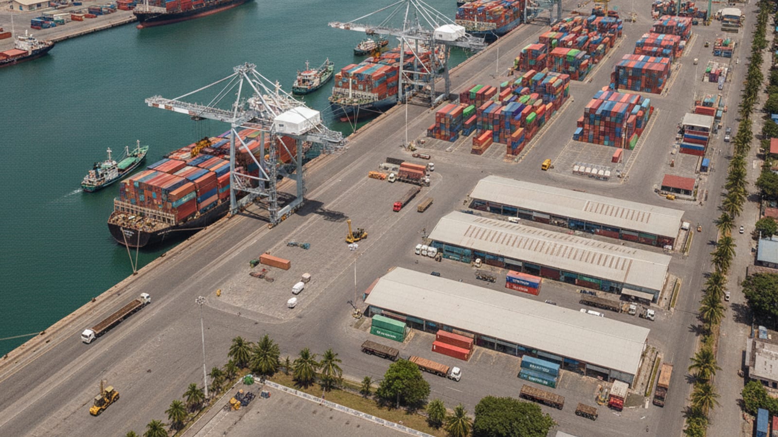A busy port in Dili, Timor-Leste, with cargo ships and cranes, representing international trade and economic activity.