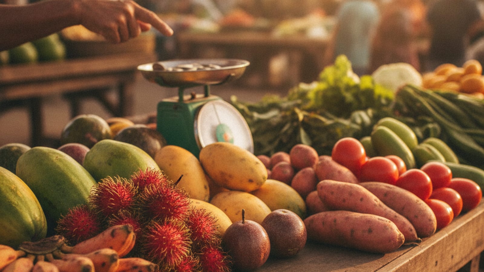 Fresh produce and a few coins on a market table