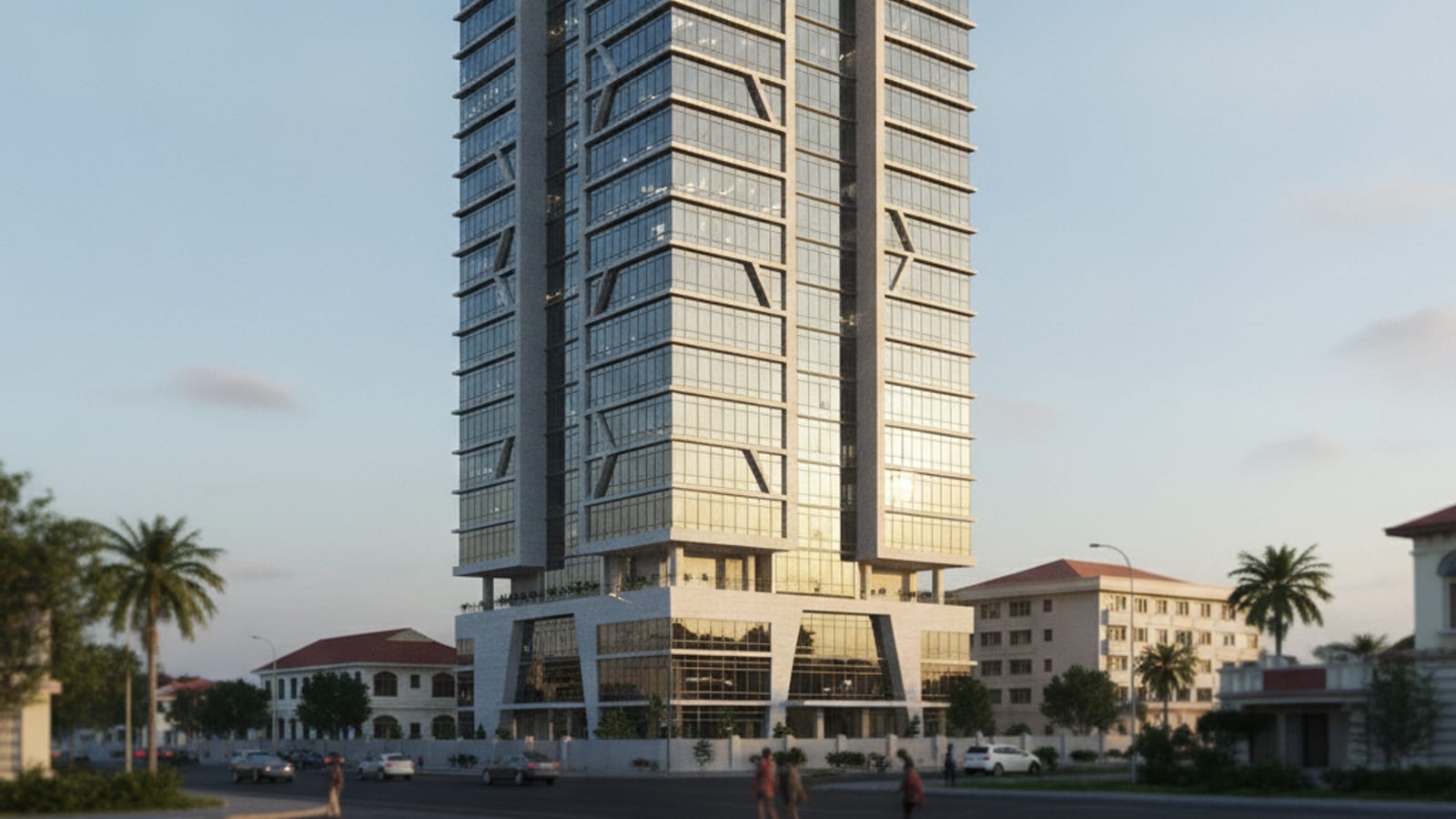 A modern international office tower against a clear sky in Dili