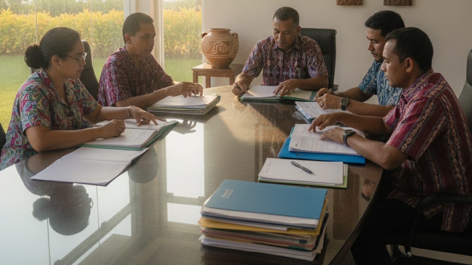 Timorese community leaders discussing documents in a meeting room.