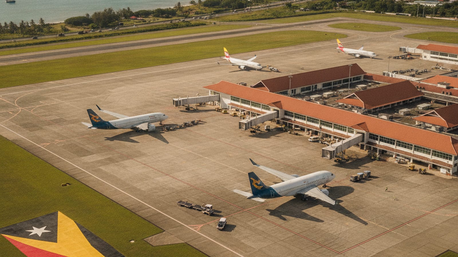 Aerial view of Nicolau Lobato International Airport in Dili, Timor-Leste, with an airplane on the tarmac and mountains in the background.