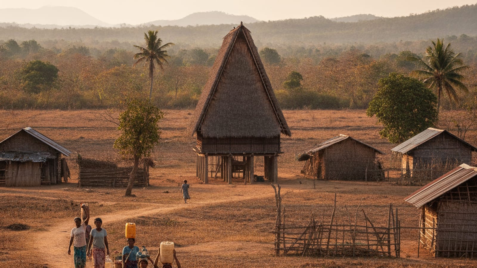 People in a rural Timorese village carrying water, illustrating the challenges of water access.