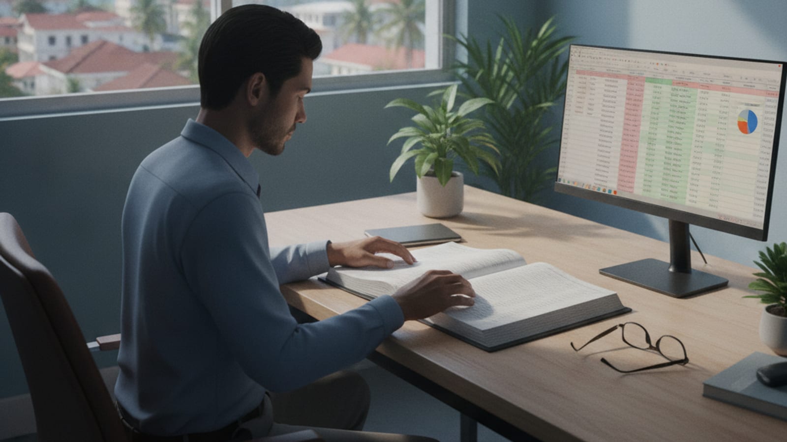 A person reviewing payroll documents and a spreadsheet on a computer in a Dili office.