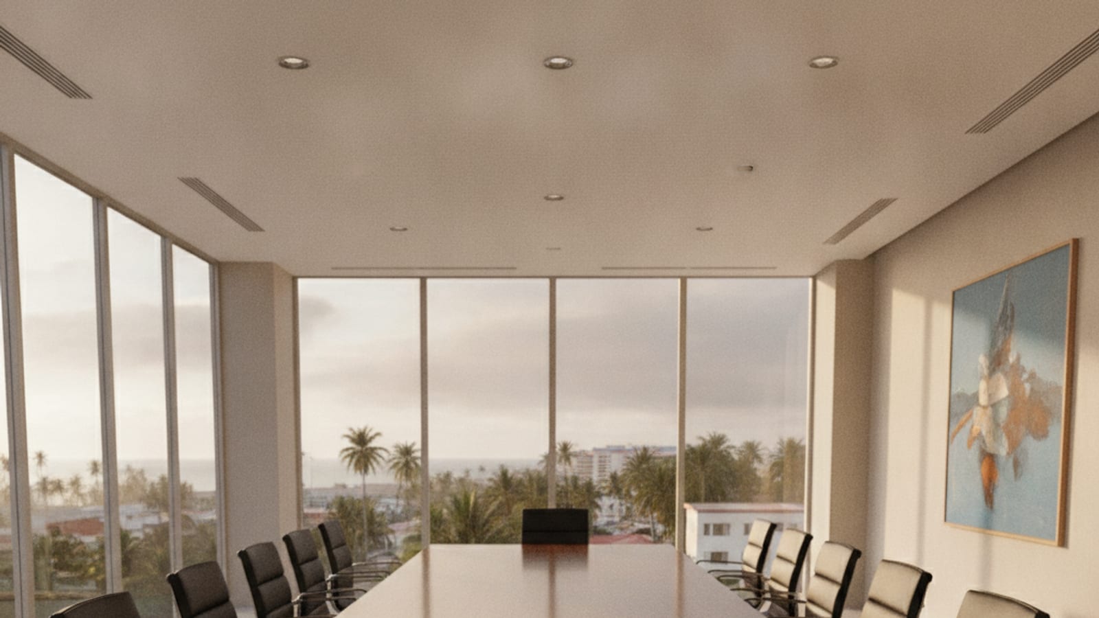 A formal modern boardroom with a long table and chairs by windows
