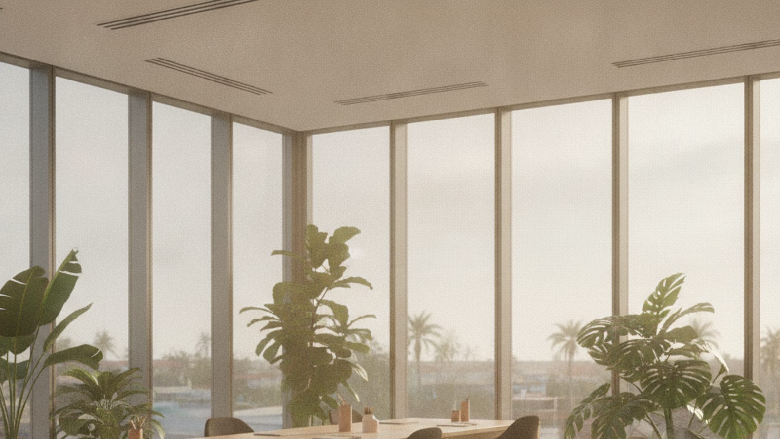 A calm, modern office with leafy plants and large windows in warm light