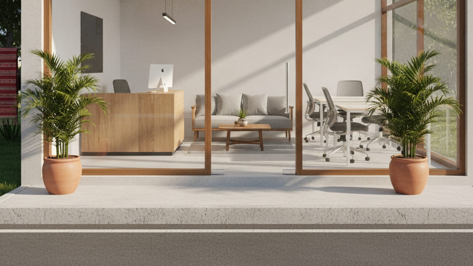 A freshly set up small modern shopfront and office in bright daylight