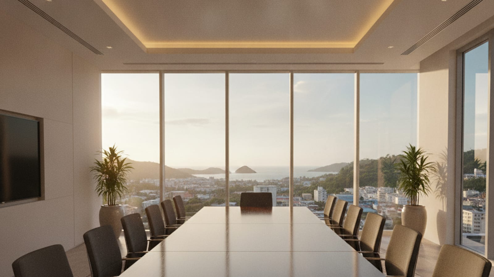 A formal modern boardroom with a long table and chairs by windows