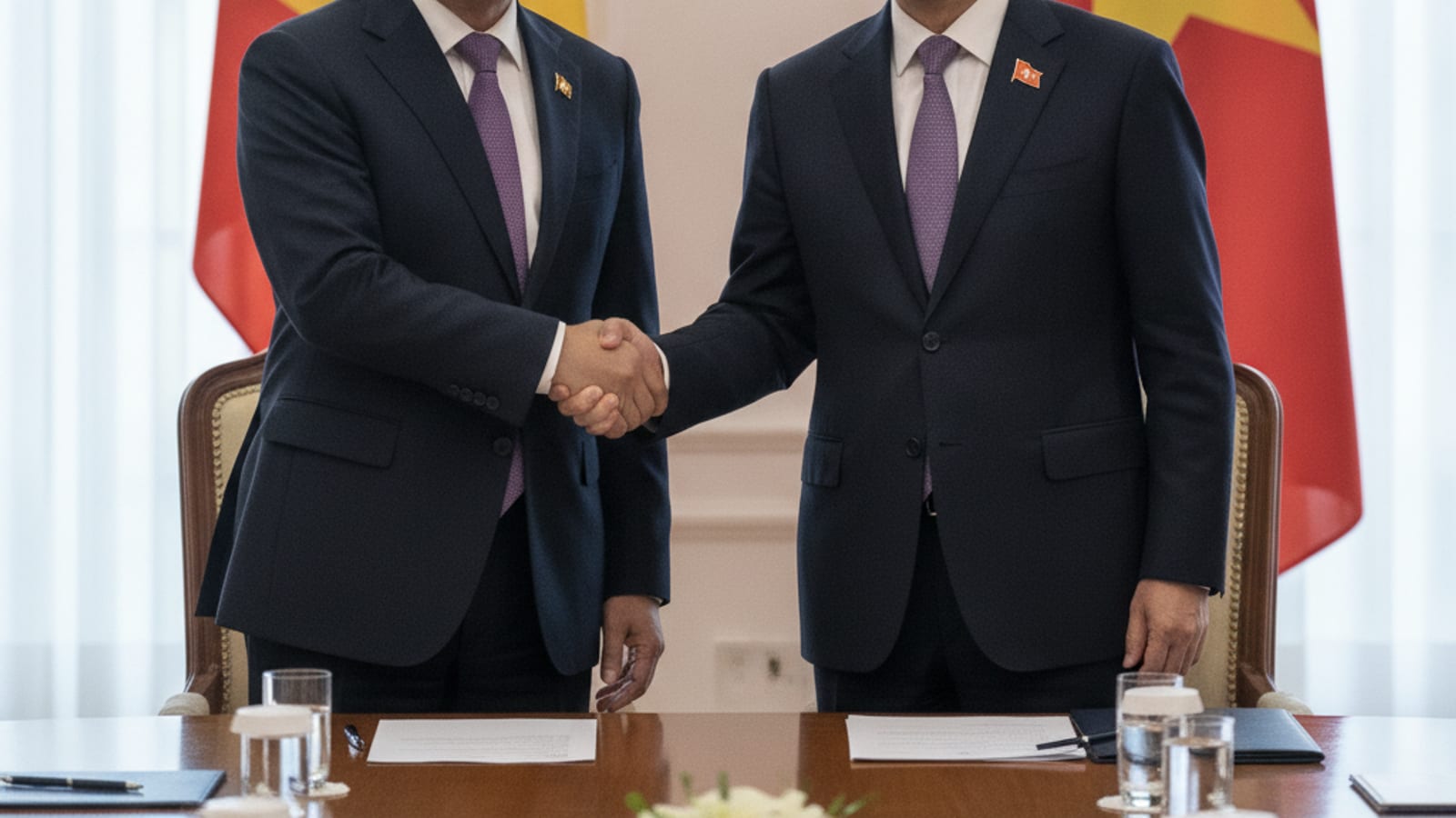 Diplomatic handshake between Timor-Leste and Vietnam representatives in Dili.