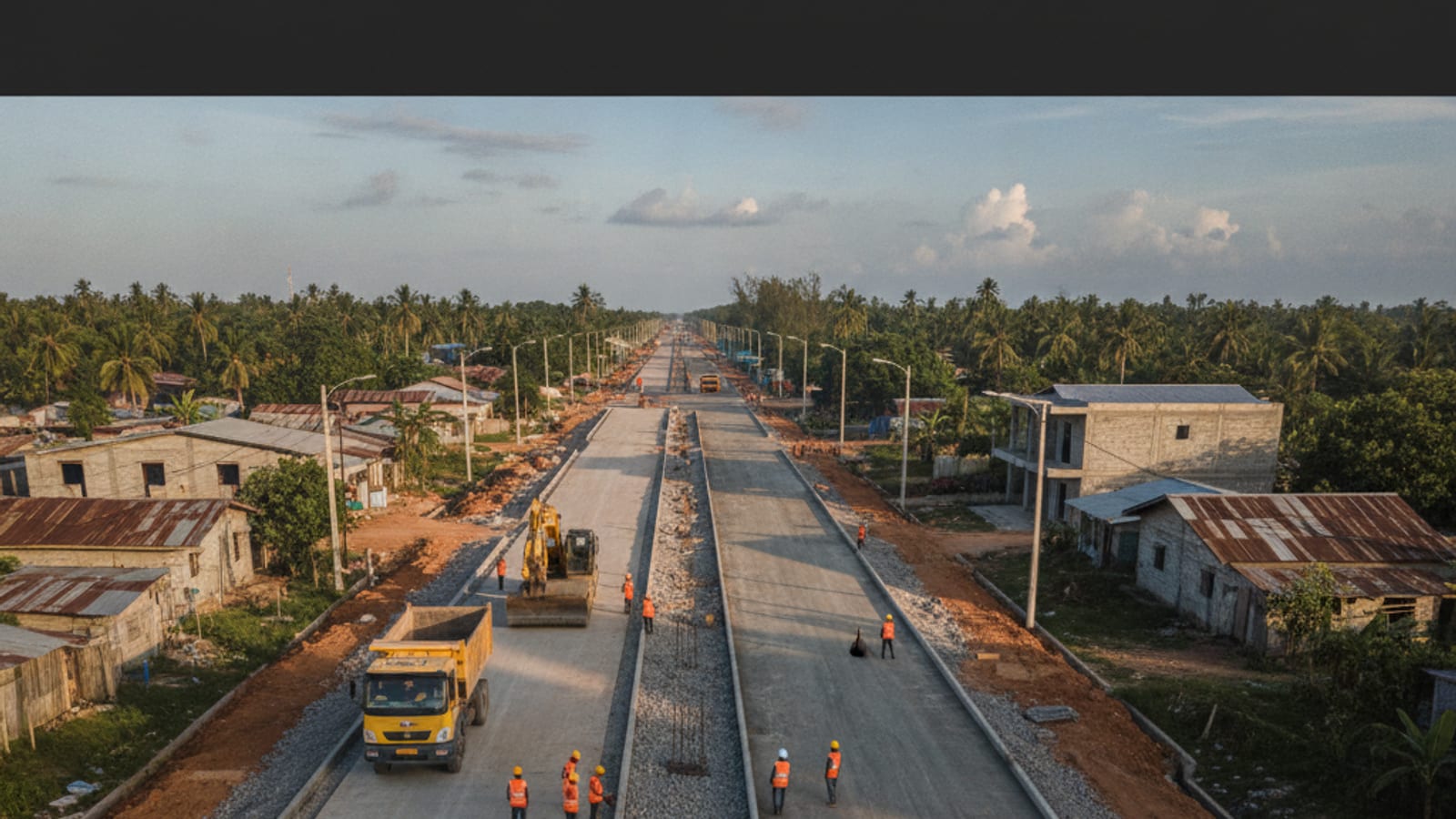 Road construction underway in Tasi-Tolu, Dili, with residential buildings nearby.