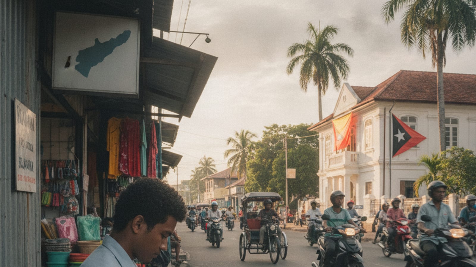 A person in Dili reading economic news, with local businesses and a government building in the background.