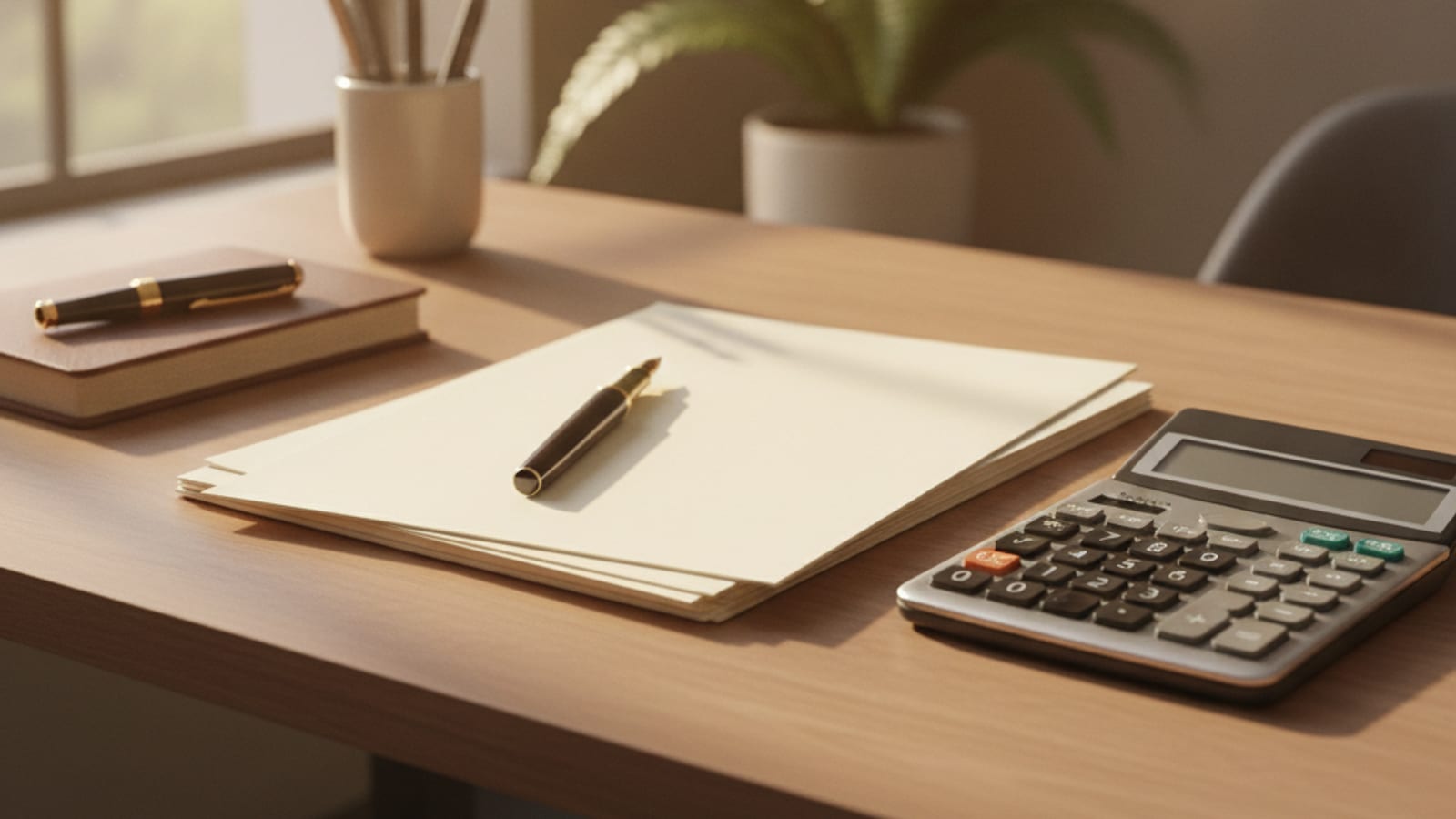 A tidy desk with documents, a calculator and a fountain pen in warm light
