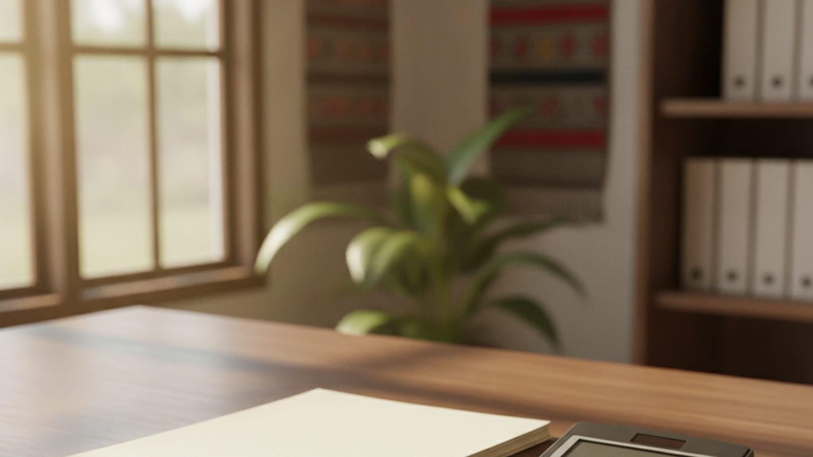 A desk with forms, a calculator and a pen