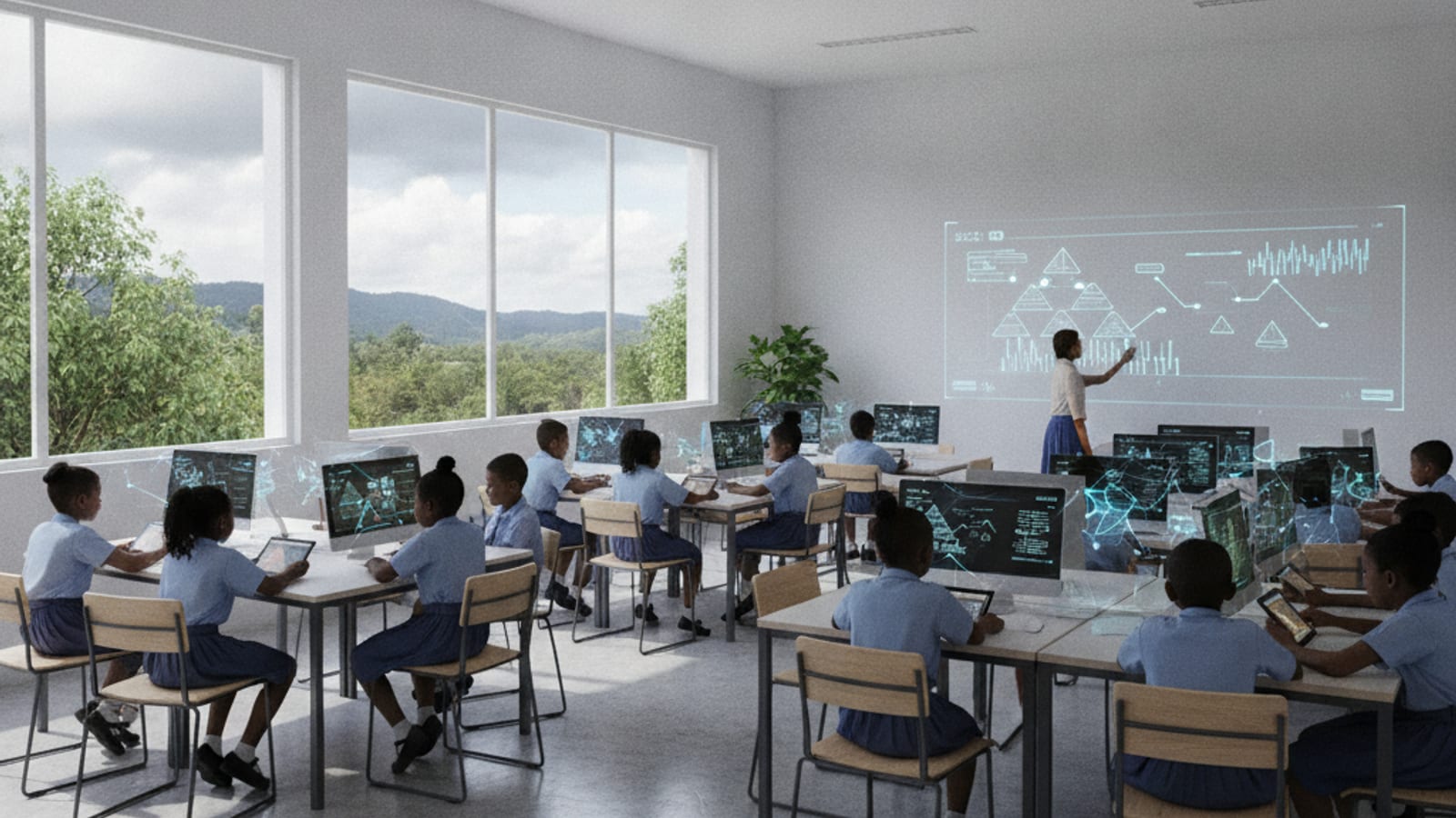 Timorese teachers and students engaging with digital technology in a classroom setting, learning about AI.