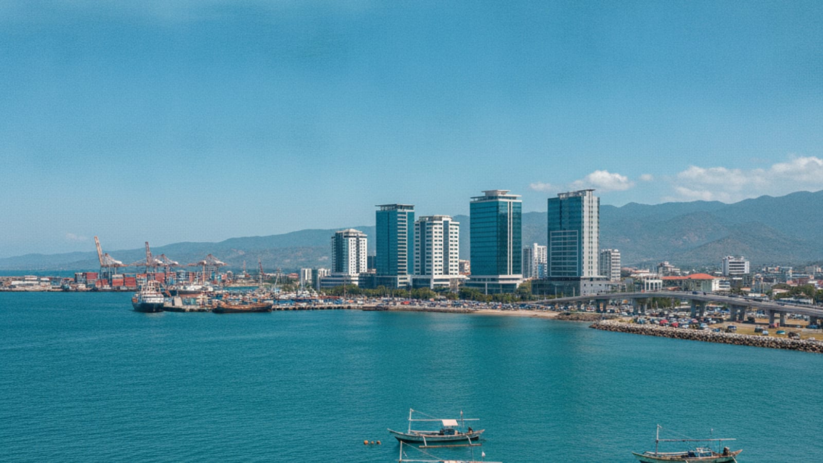 Panorama Dili nian, ho ro-ahi tradisionál no edifísiu modernu, simboliza Timor-Leste nia integrasaun ekonómika rejionál.