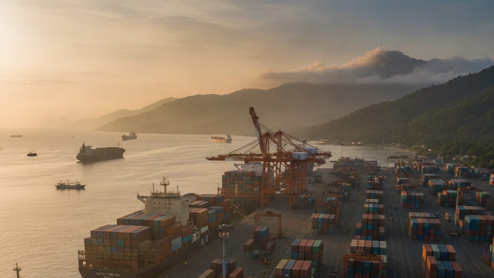 Portu Dili ho kontentór no ró kargu, simboliza Timor-Leste nia partisipasaun iha komérsiu rejionál no integrasaun ASEAN.