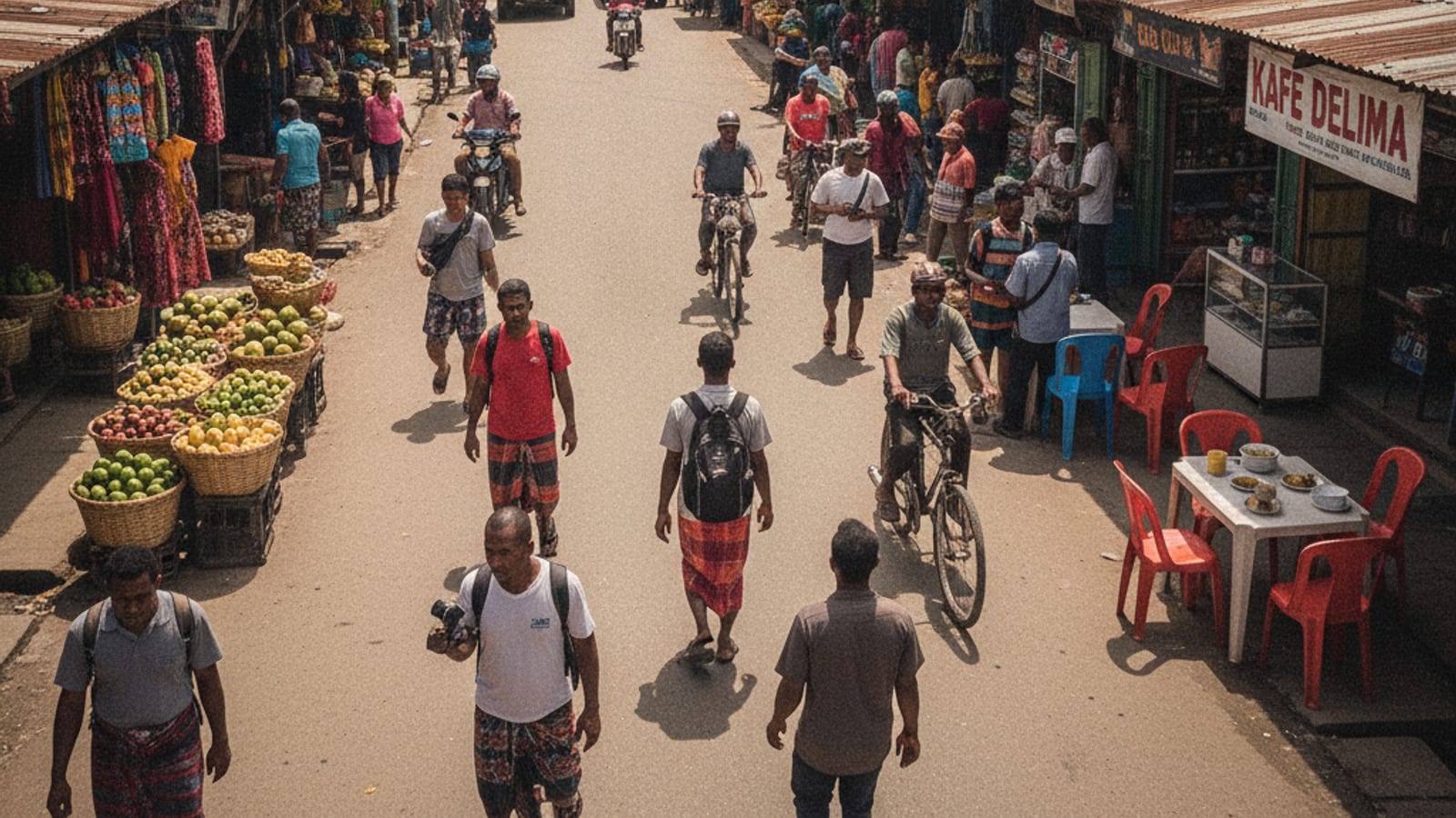 A vibrant street scene in Dili, Timor-Leste, with local people and businesses, suggesting a dynamic environment for international engagement.