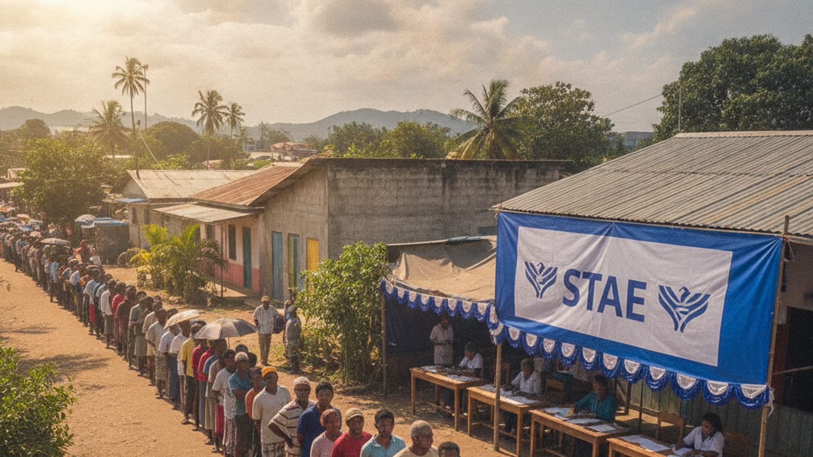 People queuing at a voter registration centre in Dili, Timor-Leste, with a STAE banner in the background.