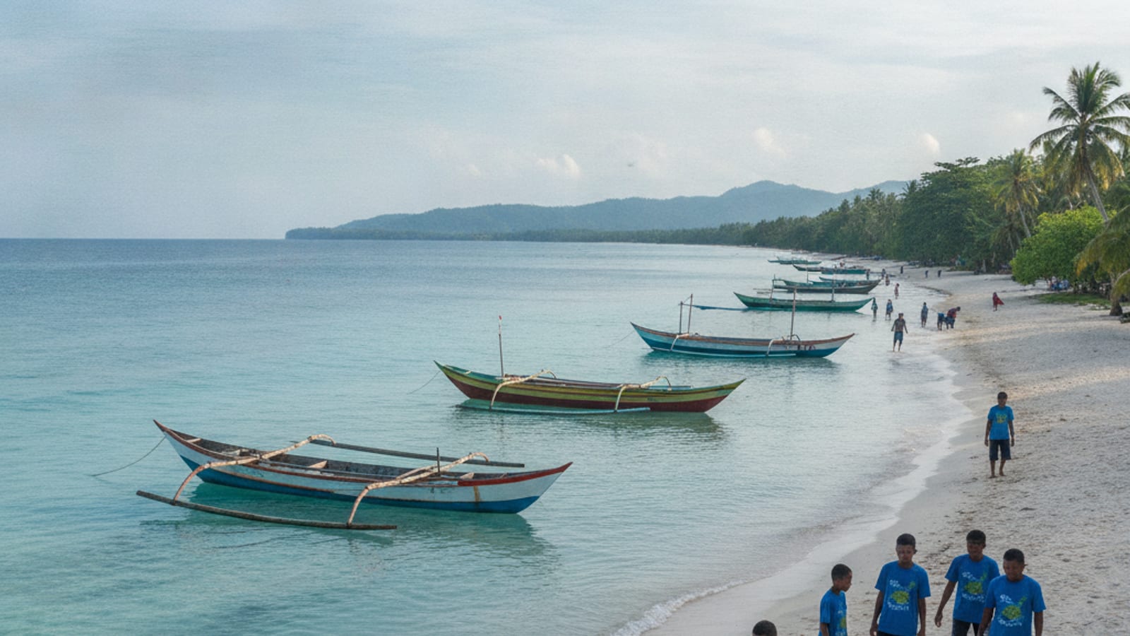 Children and community members cleaning a beach in Likisá, Timor-Leste, with traditional fishing boats and clear blue ocean in the background, symbolising the 'Blue Economy' and environmental care.