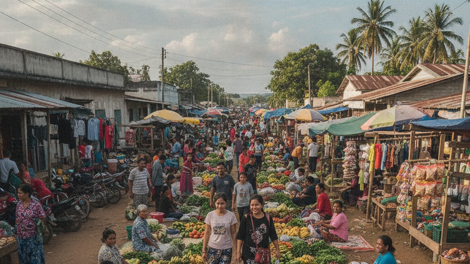 A vibrant street market in Dili, Timor-Leste, where local vendors sell various goods to customers.