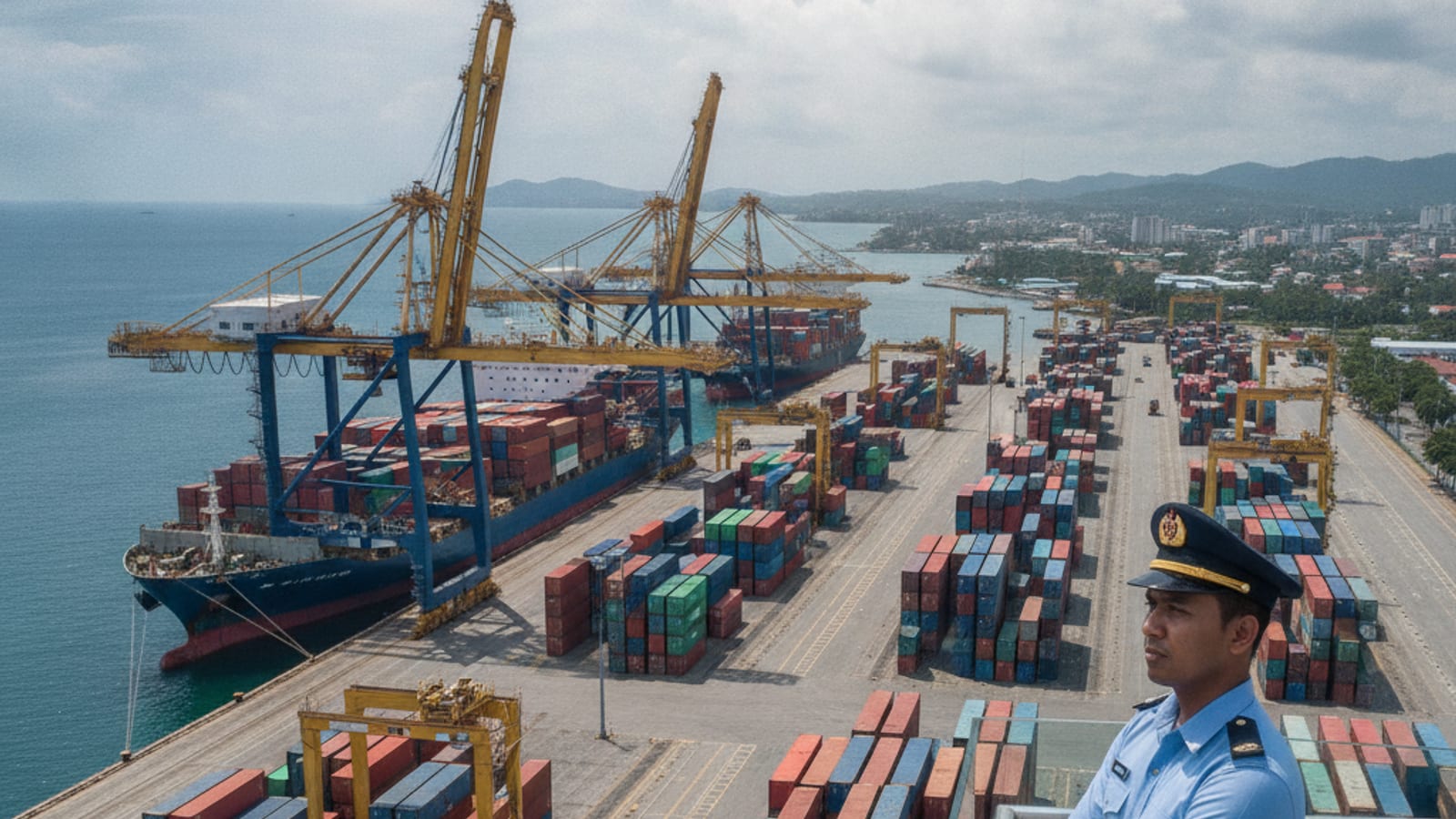 A customs official observing container operations at a modern port in Dili, Timor-Leste.