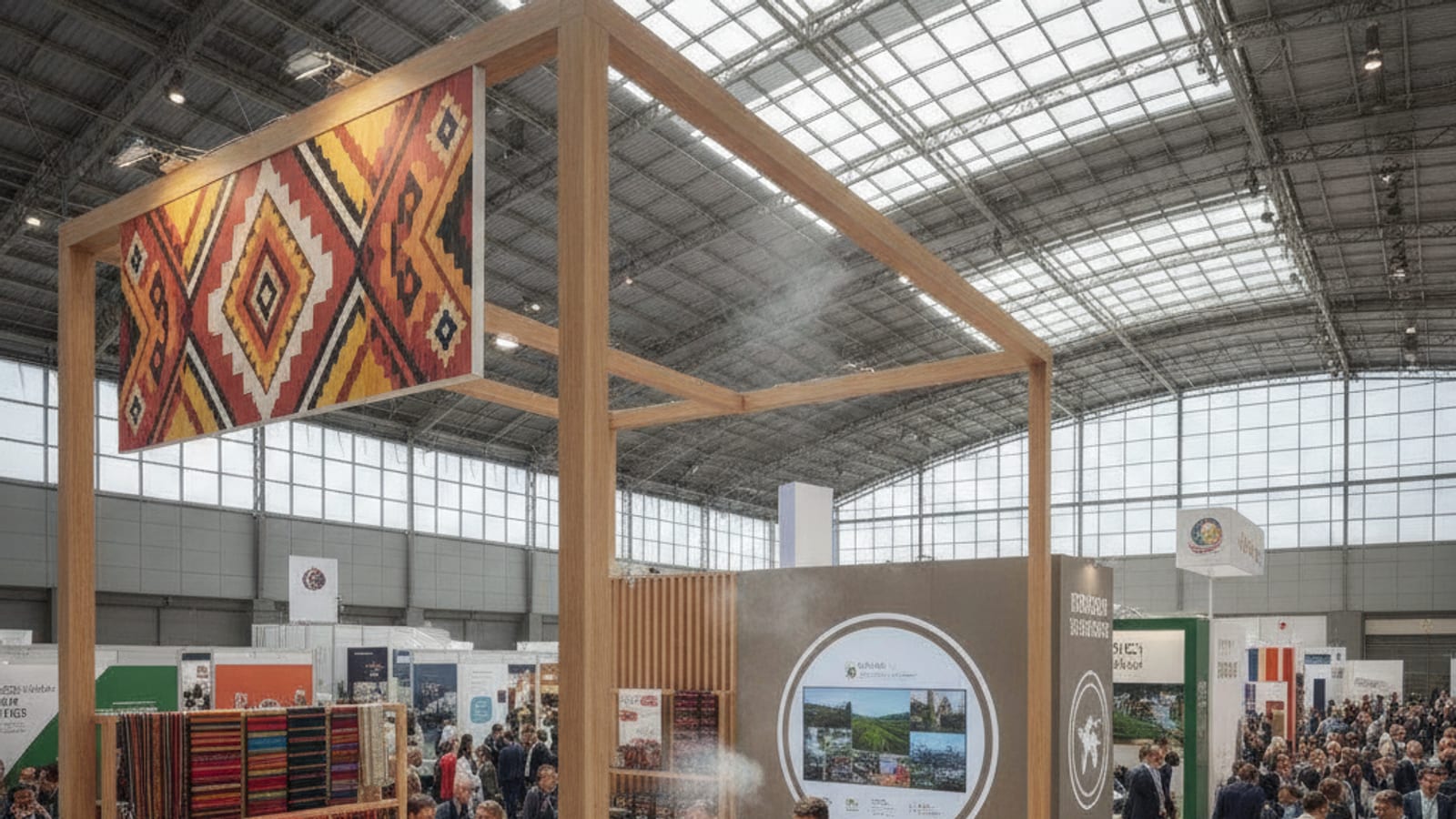 Timor-Leste's booth at a bustling international trade expo, showcasing Timorese products and engaging with international business delegates.