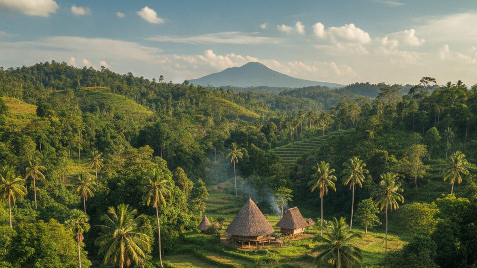 A vibrant green landscape in rural Timor-Leste with abundant trees and clean water, symbolizing environmental protection.