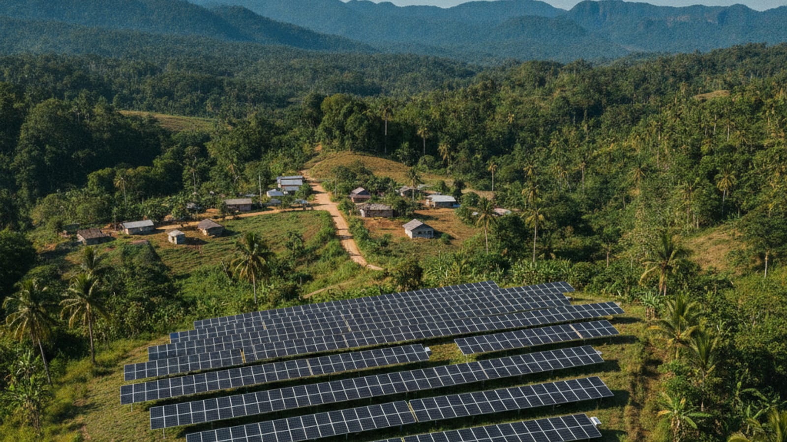 Solar panels in a field in Timor-Leste, symbolising renewable energy development and a sustainable future.